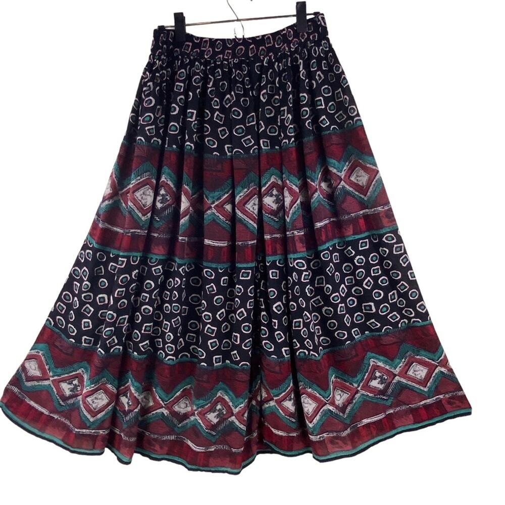 Vintage 90’s Boho Button Front Crinkle Maxi Skirt Size L Aztec Southwest